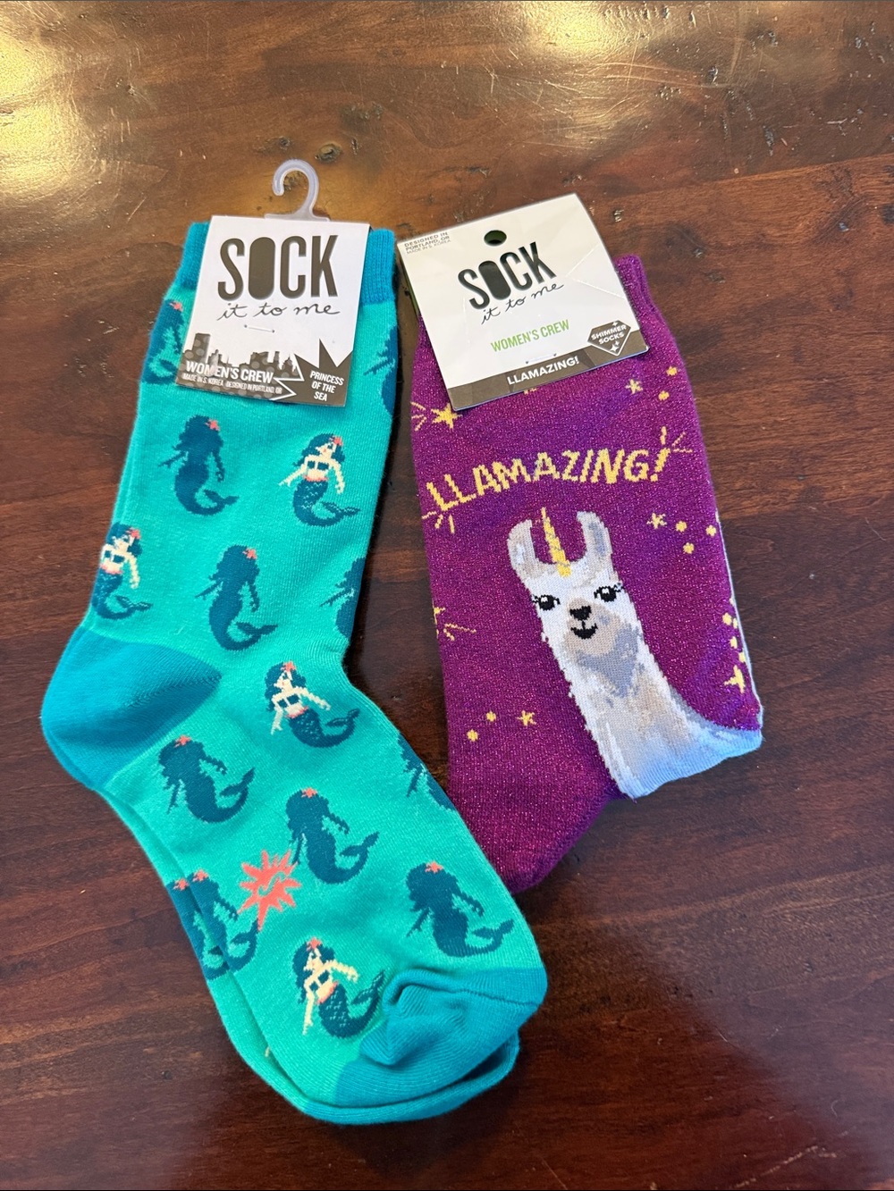 Sock It To Me Women's Crew Socks - Teal Mermaid & Purple Llama (2-Pack)